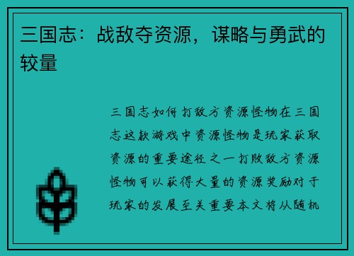 三国志：战敌夺资源，谋略与勇武的较量