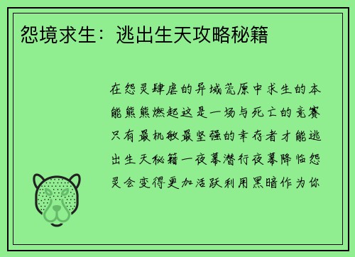 怨境求生：逃出生天攻略秘籍