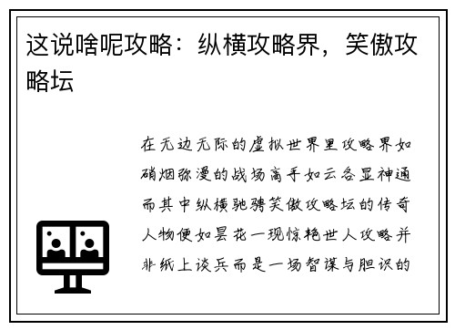 这说啥呢攻略：纵横攻略界，笑傲攻略坛